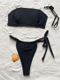 Women Strapless Solid Color Two Piece Bikini Sexy  Low Back Swimsuit