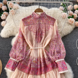 Women Stand Collar Balloon Sleeve Printed Dress