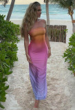 Women Summer Casual Sexy Ombre Print Strapless Long Dress