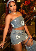 Printed Strapless Elastic Denim Skirt Set