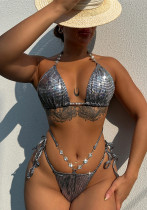 Women's Lace-Up Sexy Two Piece Bikini Solid Color Low Back Swimsuit