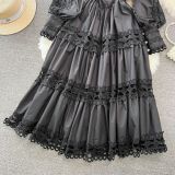 Spring Autumn Retro Chic Lantern Long Sleeve Lace Hollow Patchwork Round Neck Slim Waist Casual Dress