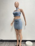 Washed Stretch Denim Halter Neck Zip Sexy Casual Two Piece Skirt Set