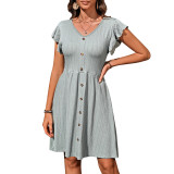 Summer Women's V-Neck Button-Down Slim Waist Stretch Short-Sleeved Dress