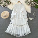 Spring Autumn Retro Chic Lantern Long Sleeve Lace Hollow Patchwork Round Neck Slim Waist Casual Dress