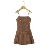 Women Summer French sexy belted pleated printed suspender dress