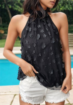 Spring Summer Organza Applique Shirt Sleeveless Lace-Up Halter Neck Top