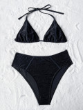 Sexy Women Low Back Lace-Up Two Piece Bikini Solid Color Swimsuit
