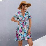 Spring Women's Print Lace-Up Short Sleeve Dress
