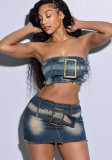 Summer Strapless Belt Elastic Denim Skirt Set