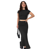 Summer Women's Fashion Casual Solid Color Round Neck Short Sleeve Top Long Skirt Set