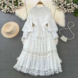 Spring Autumn Retro Chic Lantern Long Sleeve Lace Hollow Patchwork Round Neck Slim Waist Casual Dress