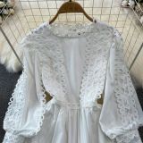 Spring Autumn Retro Chic Lantern Long Sleeve Lace Hollow Patchwork Round Neck Slim Waist Casual Dress