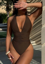 Sexy Brown Deep V Neck One Piece Swimsuit