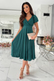 Women Career Solid V neck Puff Sleeve Dress