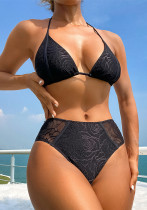 Sexy Women Low Back Lace-Up Two Piece Bikini Solid Color Swimsuit