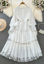 Spring Autumn Retro Chic Lantern Long Sleeve Lace Hollow Patchwork Round Neck Slim Waist Casual Dress Spring Autumn Retro Chic Lantern Long Sleeve Lace Hollow Patchwork Round Neck Slim Waist Casual Dress