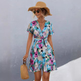 Spring Women's Print Lace-Up Short Sleeve Dress
