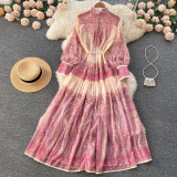 Women Stand Collar Balloon Sleeve Printed Dress