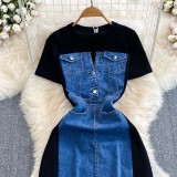 Women Short Sleeve Round Neck Denim Patchwork Casual dress