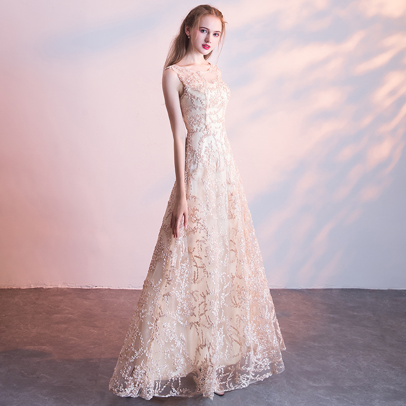 Formal Party Long Gown Wedding Chic Lace Champagne Evening Dress(Processing time need 3-6 days)