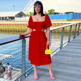 Women Solid U Neck Lantern Short Sleeve Irregular Dress