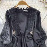 Spring Autumn Retro Chic Lantern Long Sleeve Lace Hollow Patchwork Round Neck Slim Waist Casual Dress