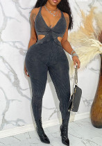 Fashion Solid Color V-Neck Strap Hollow Slim Tight Jumpsuit