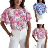 Fashion Summer Print Ruffle Sleeve Round Neck Short Sleeve Top