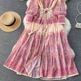 Women Stand Collar Balloon Sleeve Printed Dress