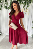 Women Career Solid V neck Puff Sleeve Dress
