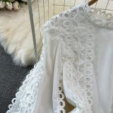 Spring Autumn Retro Chic Lantern Long Sleeve Lace Hollow Patchwork Round Neck Slim Waist Casual Dress