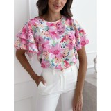 Fashion Summer Print Ruffle Sleeve Round Neck Short Sleeve Top