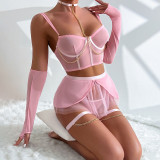 Sexy Lingerie See-Through Mesh Skirt With Halter Neck Chain Gloves Four Piece Set