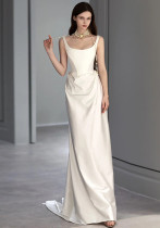 Satin Wedding Dress Retro Wedding Dress Strap Tail Evening Dress（Processing time need 3-6 days）