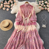 Women Stand Collar Balloon Sleeve Printed Dress