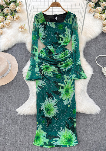 Long-Sleeved Square Neck Chic Slim Spring Autumn Dress