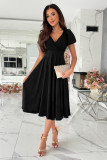 Women Career Solid V neck Puff Sleeve Dress