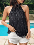 Spring Summer Organza Applique Shirt Sleeveless Lace-Up Halter Neck Top