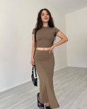 Summer Women's Fashion Casual Solid Color Round Neck Short Sleeve Top Long Skirt Set