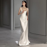 Satin Wedding Dress Retro Wedding Dress Strap Tail Evening Dress（Processing time need 3-6 days）