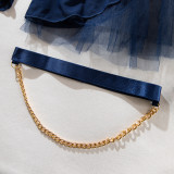 Sexy Lingerie See-Through Mesh Skirt With Halter Neck Chain Gloves Four Piece Set