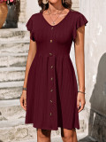 Summer Women's V-Neck Button-Down Slim Waist Stretch Short-Sleeved Dress