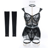 Sexy Lingerie See-Through Mesh Skirt With Halter Neck Chain Gloves Four Piece Set