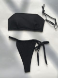 Women Strapless Solid Color Two Piece Bikini Sexy  Low Back Swimsuit