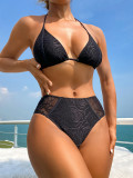 Sexy Women Low Back Lace-Up Two Piece Bikini Solid Color Swimsuit
