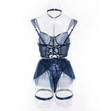 Sexy Lingerie See-Through Mesh Skirt With Halter Neck Chain Gloves Four Piece Set