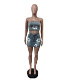 Printed Strapless Elastic Denim Skirt Set