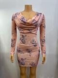 Women's Printed Long Sleeve Bodycon Dress