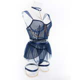 Sexy Lingerie See-Through Mesh Skirt With Halter Neck Chain Gloves Four Piece Set
